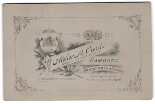 Fotografie M. Creutz, Hamburg, Altonaerstrasse 2, Kgl. Wappen, Auszeichung Hamburgische Gewerbe u. Industrie-Ausstellung