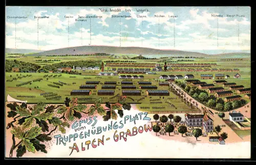 Lithographie Altengrabow, Generlansicht vom Truppenübungsplatz mit Hauptwache, Übungsdorf Gloine und Casino