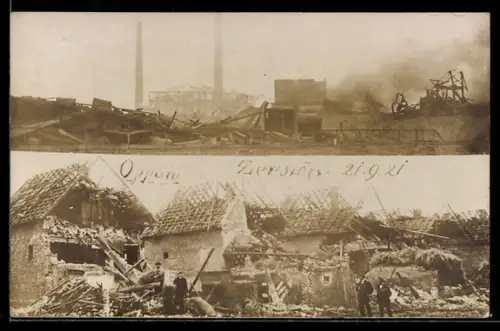 Foto-AK Oppau, Zerstört durch eine Explosion am 21.9.1921