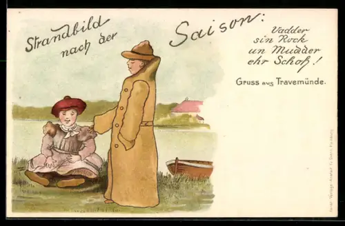 Künstler-AK Travemünde, Strandbild nach der Saison, Vadder sin Rock un Mudder ehr Schoh
