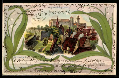 Passepartout-Lithographie Nürnberg, Partie am Vestnerthorgraben, Maiglöckchen