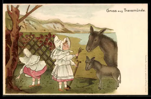 Künstler-AK Travemünde, Mädchen im Garten füttern Esel