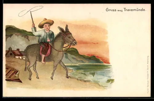 Lithographie Travemünde, Junger Bursche reitet einen Esel