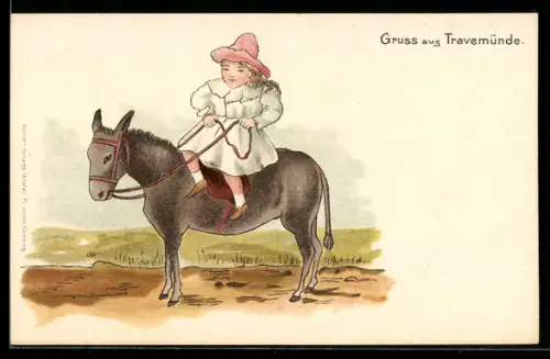 Lithographie Travemünde, Junges Mädchen reitet auf Esel