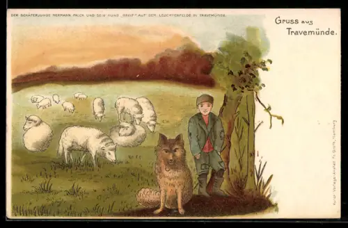 AK Travemünde, Schäferjunge mit Hirtenhund und Herde