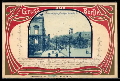 Passepartout-Lithographie Berlin, Unter den Linden und Denkmal Friedrich der Grosse
