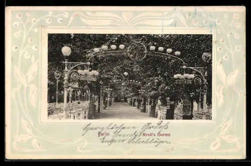 Präge-AK Berlin-Tiergarten, Restaurant Kroll`s Garten im Jugendstil-Passepartout