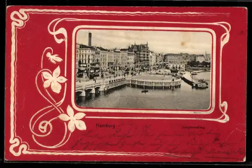 Präge-AK Hamburg-Neustadt, Jungfernstieg, Blumen-Passepartout