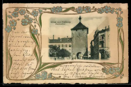 Präge-AK Freiburg, Martinsthor, Passepartout mit Vergissmeinnicht