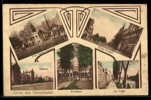AK Neumünster, Drei Kaiser Denkmal, Kaserne, Gross Flecken, Strasse