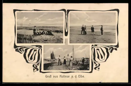AK Kollmar a. d. Elbe, Partien am Strand, Jugendstil-Passepartout