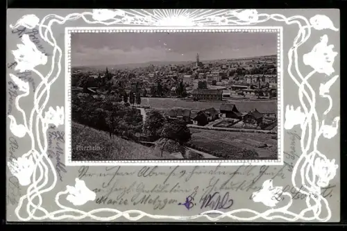 Passepartout-AK Pforzheim, Gesamtansicht, Blumenrahmen