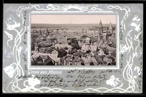 AK Mainz, Blick über die Dächer, Jugendstil-Passepartout