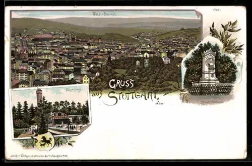 Lithographie Stuttgart, Totalansicht, Jägerhaus, Hauff Denkmal