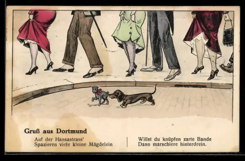 Künstler-AK Dortmund, Hunde und Spaziergänger auf der Hansastrasse