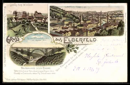 Lithographie Elberfeld, Kaiser Wilhelm-Brücke, Schloss Burg, Ortspanorama
