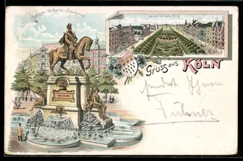 Lithographie Köln-Neustadt, Kaiser Wilhelm-Ring, und Kaiser Wilhelm-Denkmal