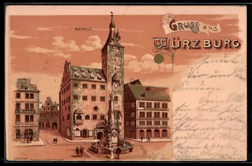 Lithographie Würzburg, Blick auf das Rathaus