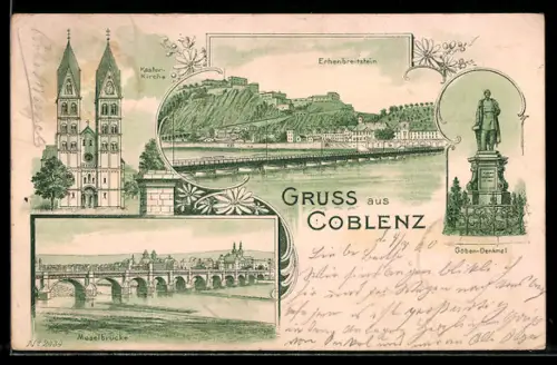 Lithographie Coblenz, Kastorkirche, Ehrenbreitstein, Göbendenkmal und Moselbrücke