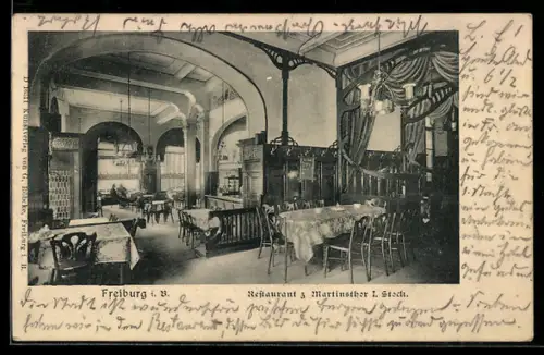 AK Freiburg i. B., Restaurant z. Martinstor, Innenansicht von Speisesaal