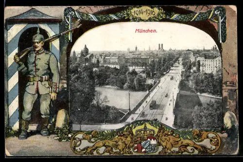 AK München, Teilansicht mit Strassenbahn, Soldat in Uniform mit Gewehr