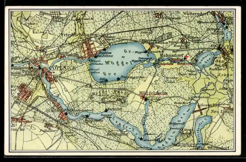 Künstler-AK Berlin-Köpenick, Landkarte mit Müggelheim, Bahnhof Friedrichshagen und Woltersdorf