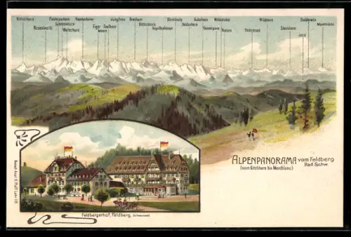 Künstler-AK Feldberg /Bad. Schw., Hotel Feldbergerhof, Alpenpanorama mit Ritzlihorn, Doldenhorn und Wildhorn