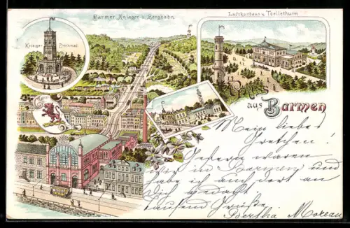 Lithographie Barmen, Krieger-Denkmal, Luftkurhaus, Anlagen der Bergbahn