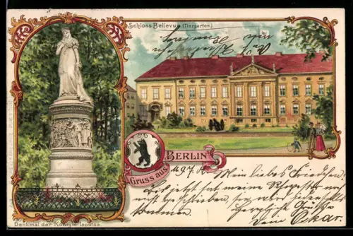 Lithographie Berlin-Tiergarten, Schloss Bellevue, Denkmal Königin Louise