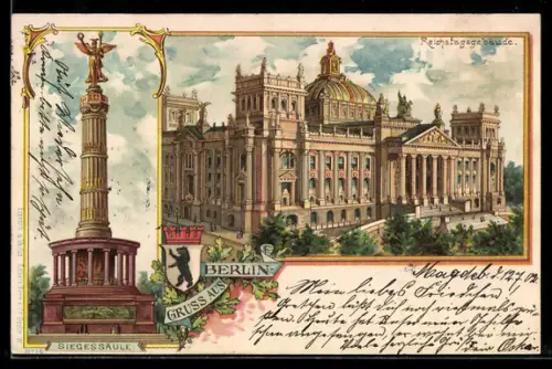 Lithographie Berlin-Tiergarten, Ansicht vom Reichstagsgebäude und Siegessäule
