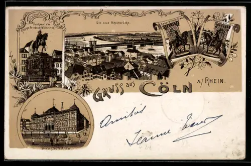 Lithographie Köln, Hohenstauffen-Bad, neue Rheinbrücke, Denkmal Friedrich-Wilhelm II.