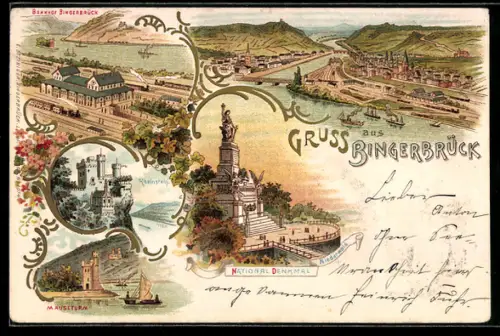 Lithographie Bingerbrück, Bahnhof, Rheinstein, Mäuseturm, Nationaldenkmal, Ortsansicht