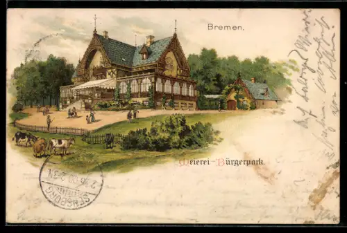 Lithographie Bremen, Blick auf`s Gasthaus - Bürgerpark