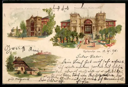 Lithographie Karlsruhe, Festhalle Nordportal, Festhalle Südportal, Lautenberg