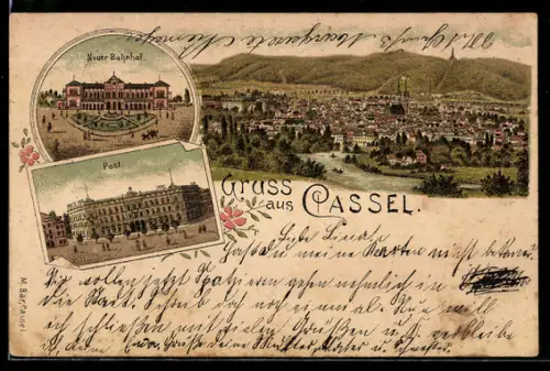 Lithographie Cassel, Neuer Bahnhof, Post, Ortsansicht mit Fluss