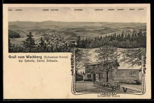 AK Wachberg bei Sebnitz, Gasthaus Schweizer Korne, Bergpanorama mit Falkenstein, Königstein und Schneeberg