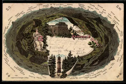 Lithographie Oybin, Gasthaus Rochwald mit Umgebung, Ruine Mühlst., Töpfer & Laden