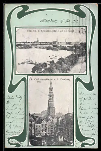 AK Hamburg, Blick über die Lombardsbrücke auf die Stadt und St. Catharinenkirche