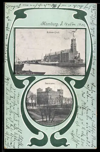 AK Hamburg-St.Pauli, Kaiser-Quai und Seewarte, Jugendstil-Ornamentik