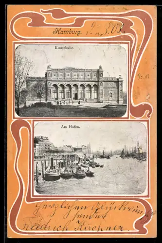 AK Hamburg, Kunsthalle, Hafenpartie, Jugendstil-Ornamentik
