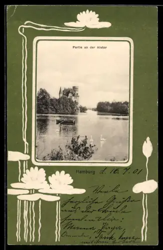 AK Hamburg-Uhlenhorst, Ruderboot auf der Alster, Jugendstil-Ornamentik