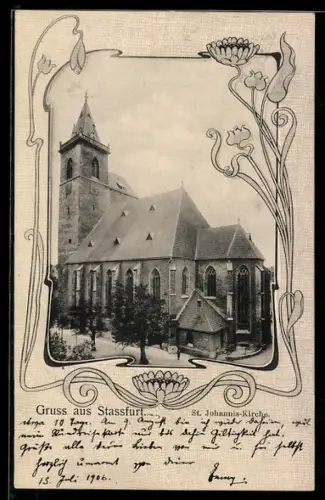 AK Stassfurt, Die St. Johannis-Kirche, im Jugendstil-Passepartout