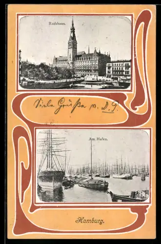 Passepartout-AK Hamburg, Rathaus, Am Hafen