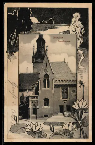 Passepartout-Lithographie München, Standesamt, Nymphen beim nächtlichen Bad
