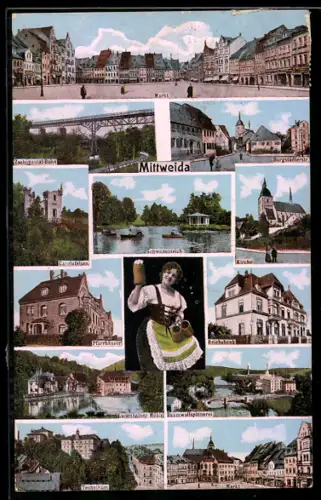 AK Mittweida, auf dem Markt, unter der Zschopautal-Bahn, am Schwanenteich, an der Kirche, Baumwollspinnerei