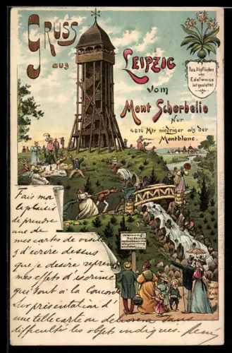 Lithographie Leipzig, Leute bei der Besteigung des Mont Scherbelio