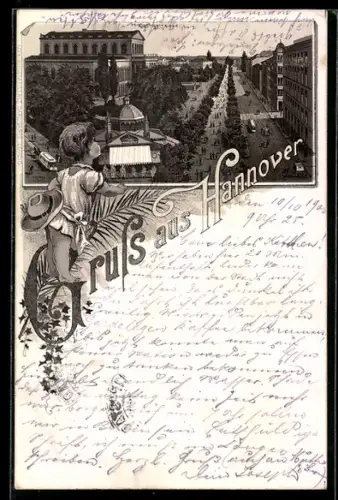 Lithographie Hannover, Georgstrasse aus der Vogelschau