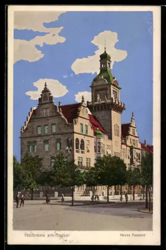 AK Heilbronn a. Neckar, Strassenpartie am neuen Postamt