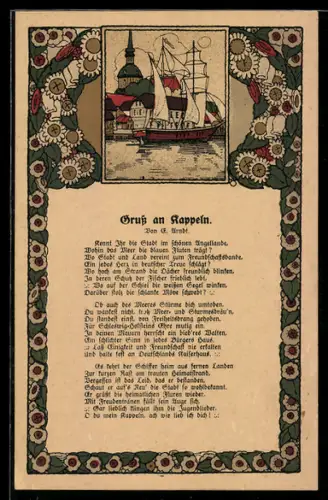 Steindruck-AK Kappeln, Schiff im Hafen, Gruss an Kappeln von E. Arndt