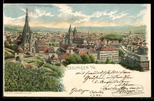 Lithographie Esslingen a. N., Ortsansicht mit Kirche aus der Vogelschau